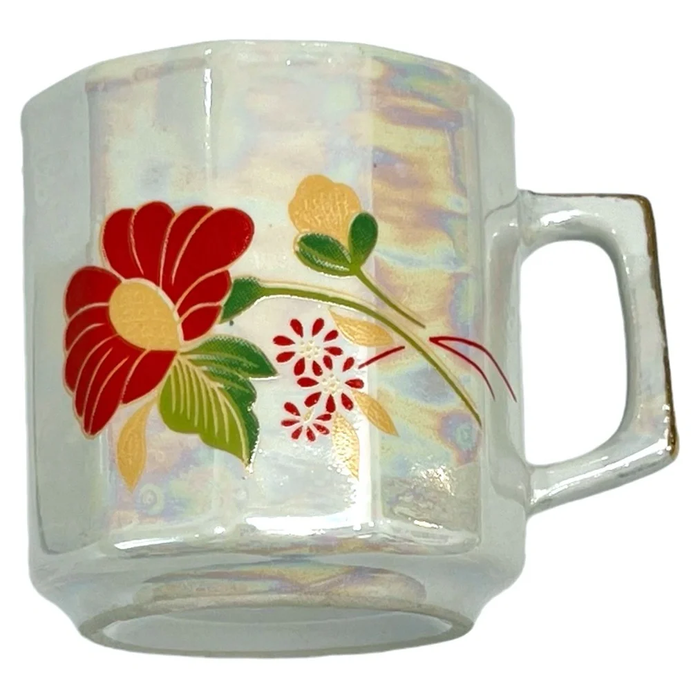 VINTAGE WAHBEH OF CHINA RED FLORAL LUSTERWARE CUPS & SAUCERS - SET OF 6
